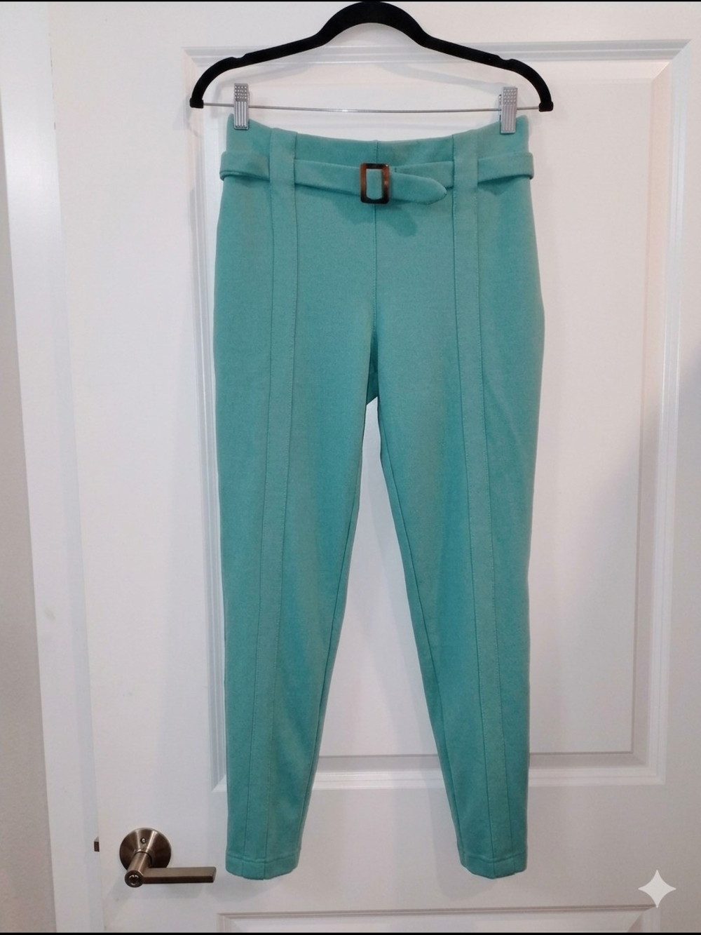 Betabrand High Waisted Belted Skinny Pants Teal Mint Y2K Size Medium